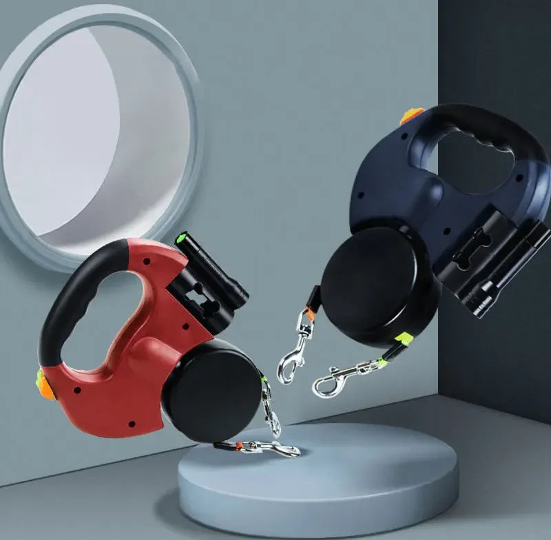 3in1  Reflective Double Head Automatic retractable Dog leash with Flashlight, Poop Bag Dispenser,