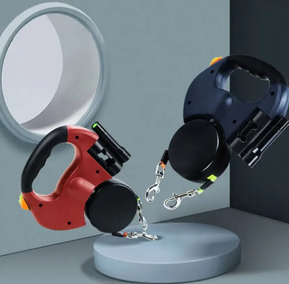 3in1  Reflective Double Head Automatic retractable Dog leash with Flashlight, Poop Bag Dispenser,