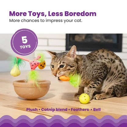 Wobbling Cat Toy Fruit Bowl with 5 Interactive Catnip Toys, Jingle Ball Plush Flingers Indoor Entertainment For Cats