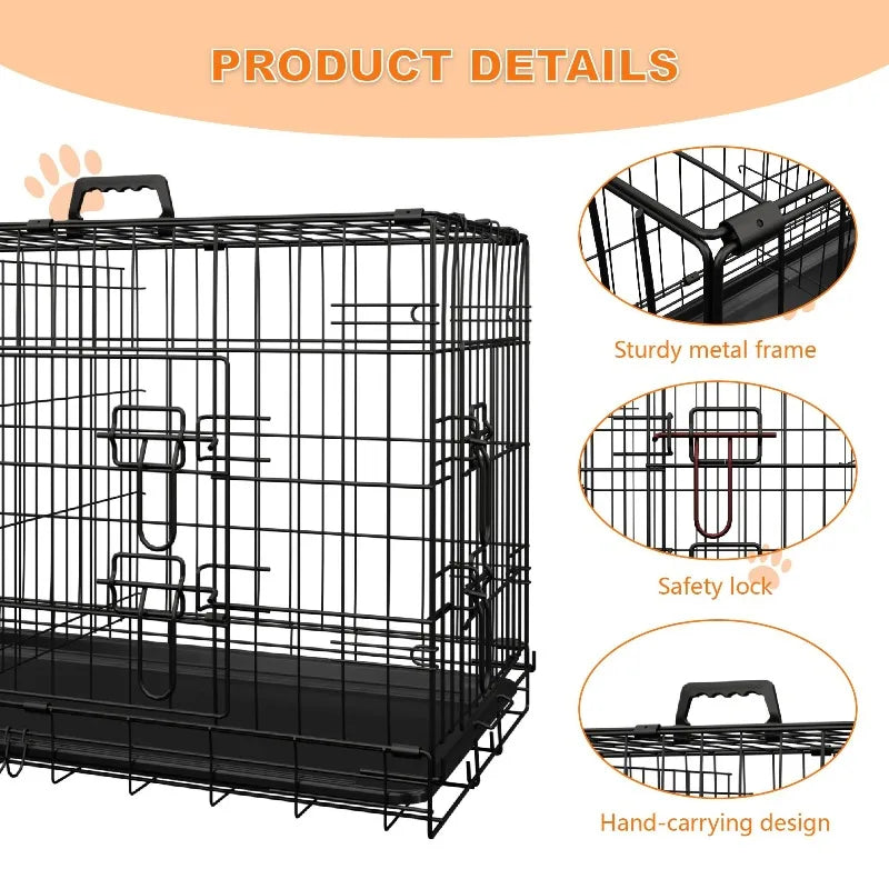 Dog Crate 36 Inch Medium Dog Cage with Divider, Leak-Proof Tray, Double Door,Folding Metal Wire Cage, Indoor Outdoor Travel
