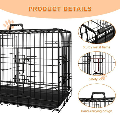 Dog Crate 36 Inch Medium Dog Cage with Divider, Leak-Proof Tray, Double Door,Folding Metal Wire Cage, Indoor Outdoor Travel