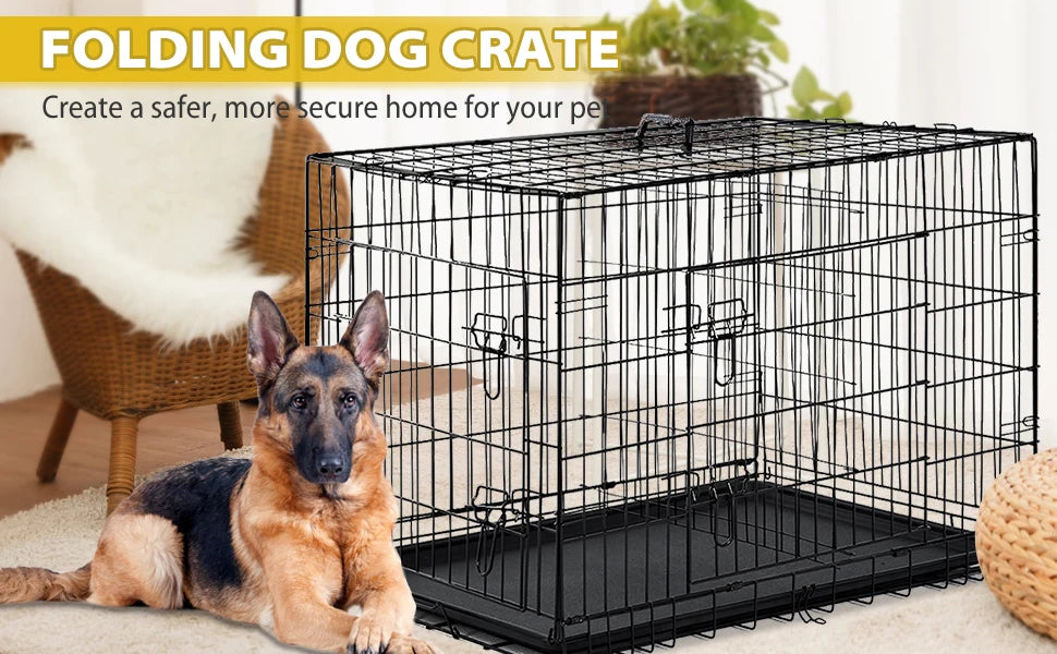 BestPet | Dog Crate | 48" | Black | Foldable Metal Kennel with Double Doors, Secure Slide-Bolt Latches, Leakproof Tray |