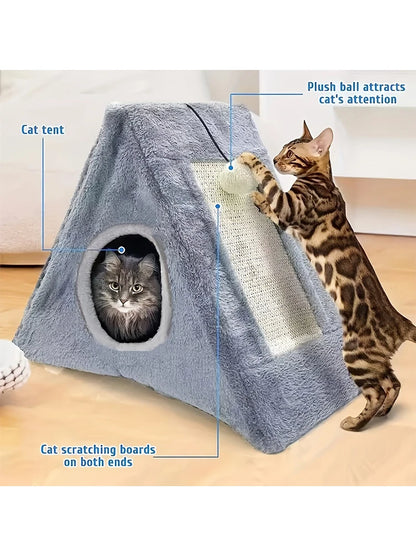 Pet bed suitable for cats under 15 pounds with plush toy ball and cat scratching board
