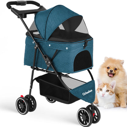 Pet Stroller For Small and Medium Cats & Dogs, 3 Wheels Foldable with Breathable Mesh Canopy, Pet Travel Carrier Suitable Outdoor Travel