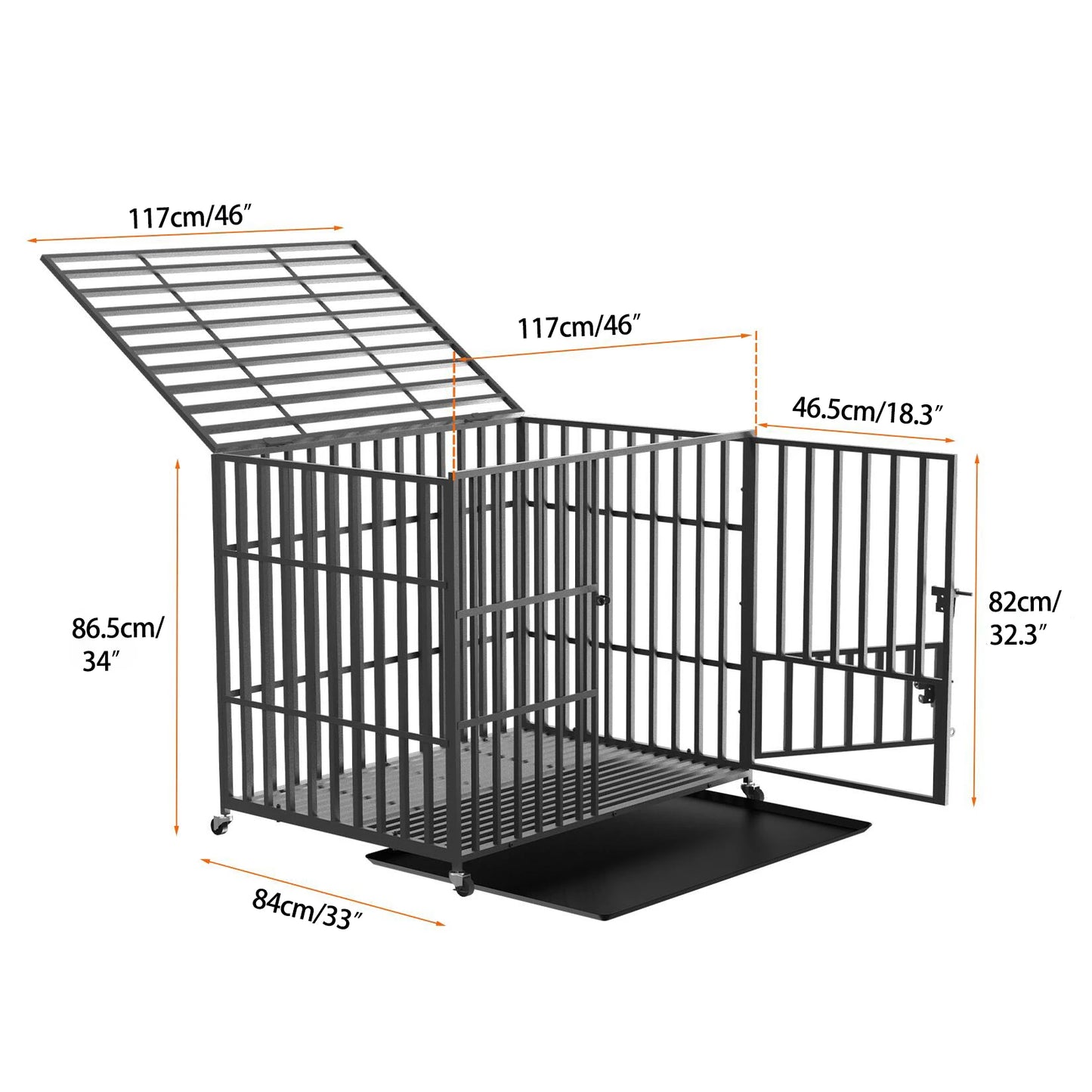 L XL XXL Heavy Duty Metal Dog Crate with 4 Lockable Wheels, 3 Doors and Removable Tray