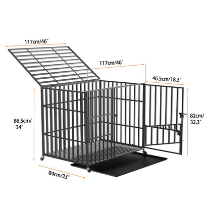 L XL XXL Heavy Duty Metal Dog Crate with 4 Lockable Wheels, 3 Doors and Removable Tray