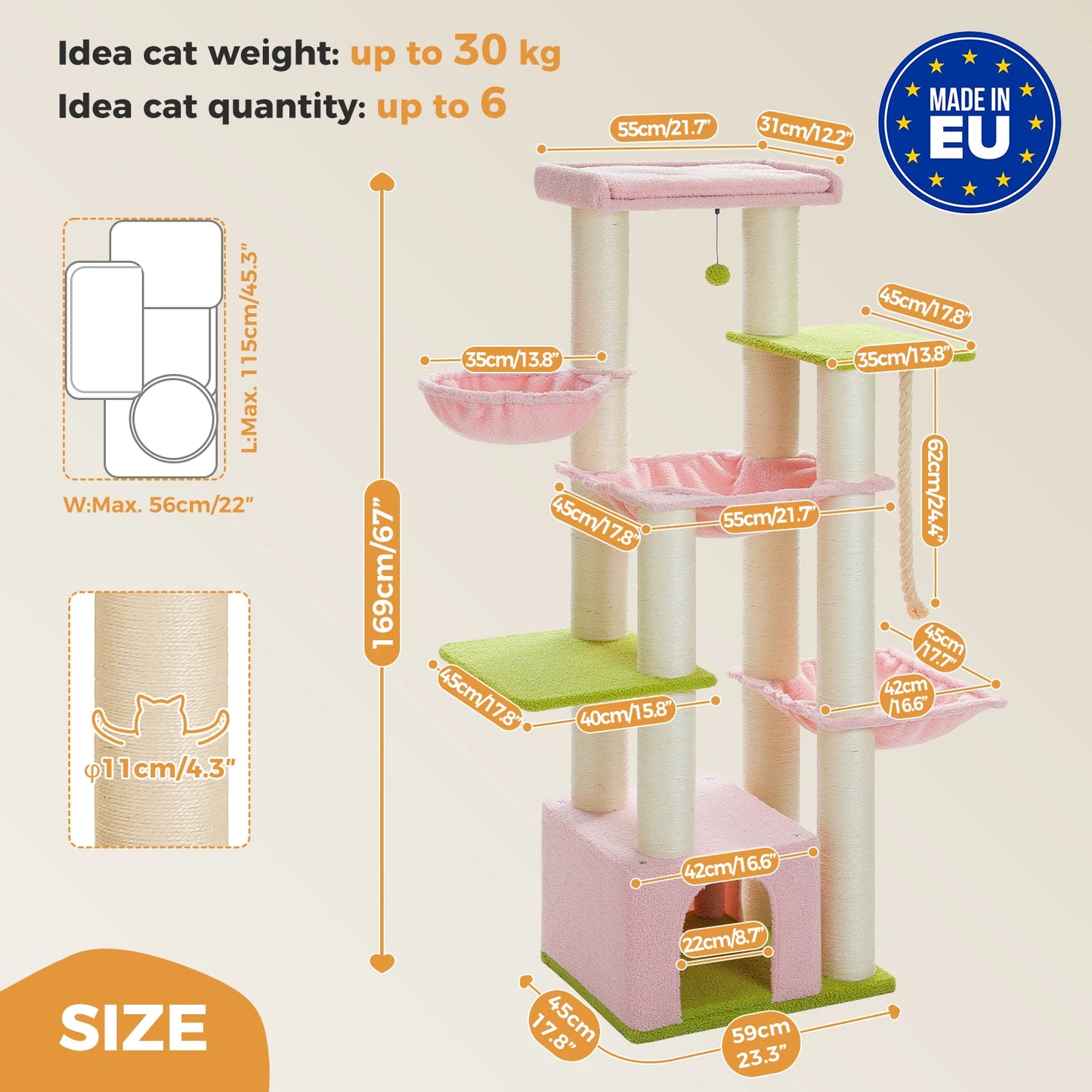 Multi-Level Cat Tree with Scratching Posts, Cozy Condo, Super Large Perch, Deep Hammocks, Tall Cat Tower for Indoor Adult Cats