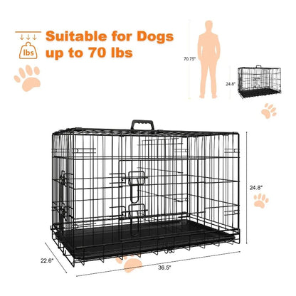 Dog Crate 36 Inch Medium Dog Cage with Divider, Leak-Proof Tray, Double Door,Folding Metal Wire Cage, Indoor Outdoor Travel