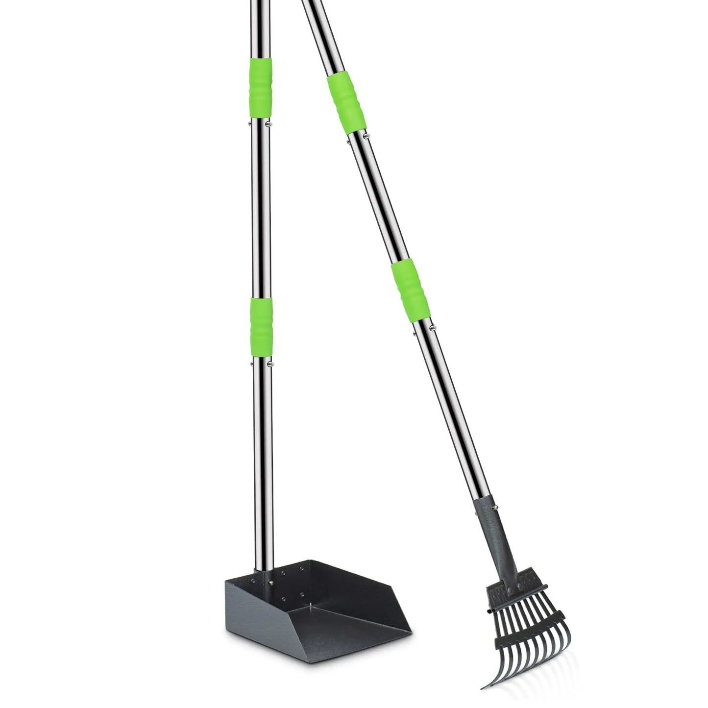 Dog Pooper Scooper, Tray and Rake Set, Pet Waste Removal Scoop with Long Adjustable Sectional Stainless Handles