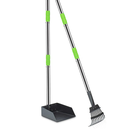 Dog Pooper Scooper, Tray and Rake Set, Pet Waste Removal Scoop with Long Adjustable Sectional Stainless Handles