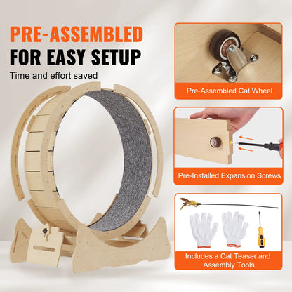 SucceBuy Wooden Cat Exercise Wheel, Treadmill Wheel for Indoor Cat, Running Wheel with Detachable Carpet& Cat Teaser