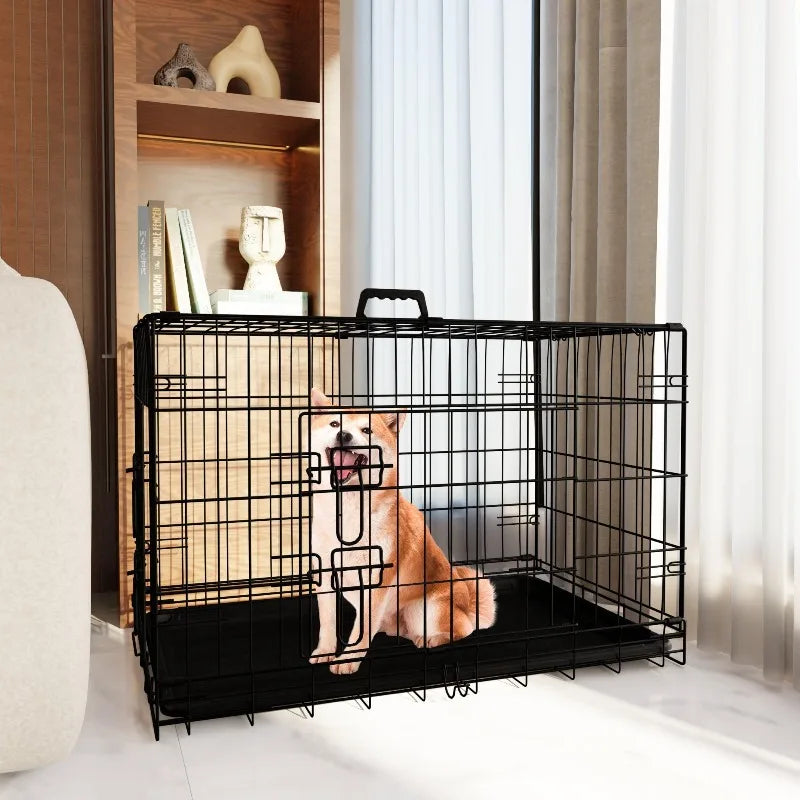 Dog Crate 36 Inch Medium Dog Cage with Divider, Leak-Proof Tray, Double Door,Folding Metal Wire Cage, Indoor Outdoor Travel