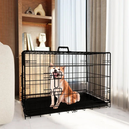 Dog Crate 36 Inch Medium Dog Cage with Divider, Leak-Proof Tray, Double Door,Folding Metal Wire Cage, Indoor Outdoor Travel