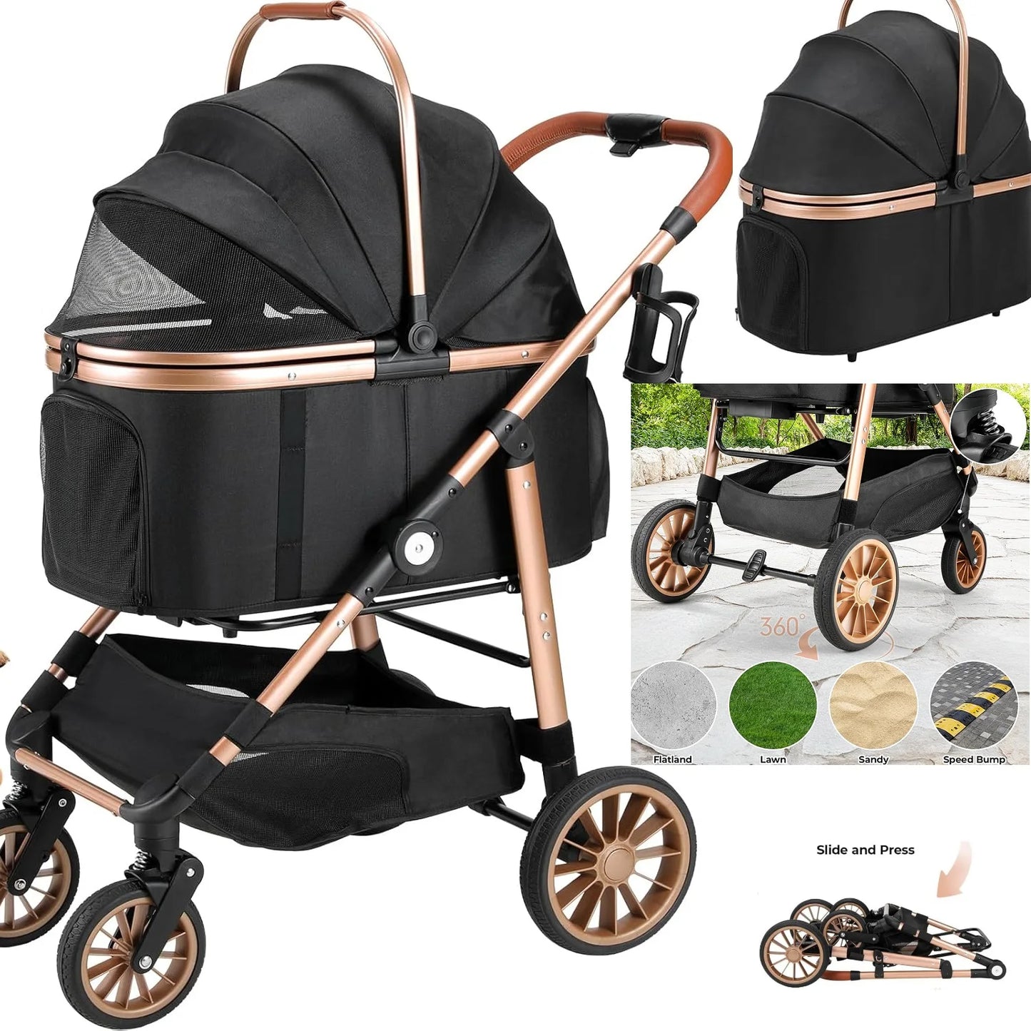 360° High Wheels Transport Foldable Cat and Dog Pet Stroller,  Max. load 25 kg/ 55lbs.