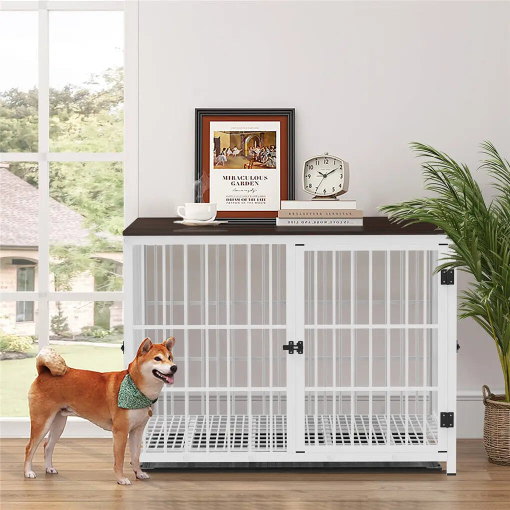 Heavy Duty Dog Kennels, Metal and Wooden Dog Crate End Table, Furniture Style Pet Cage with Three Doors and Removable Tray