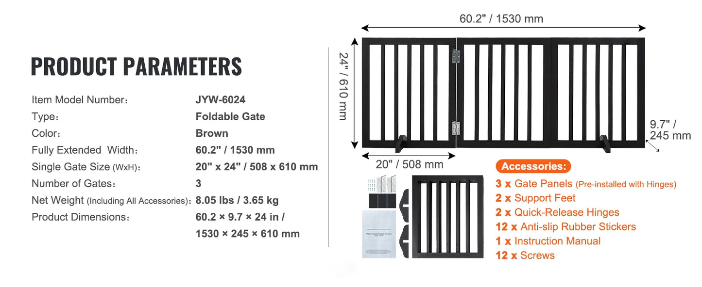 SucceBuy Free Standing Dog Gate, Freestanding Pet Gate with 3 Panels, Foldable for Narrow Passageways, Expandable Dog Barrier
