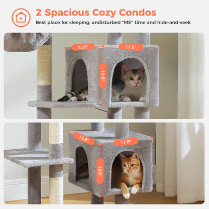Tall Cat Tree for Indoor Cats, Big Cat Tower with Super Large Hammock, Cat Climbing Tree with Scratching Posts, Condo House Black