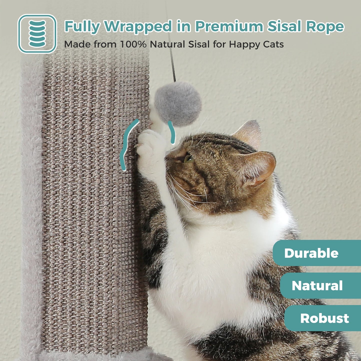 Large Cat Scratching Post for Indoor Cats, Ultimate Scratch Post with Woven Sisal Dangling Ball