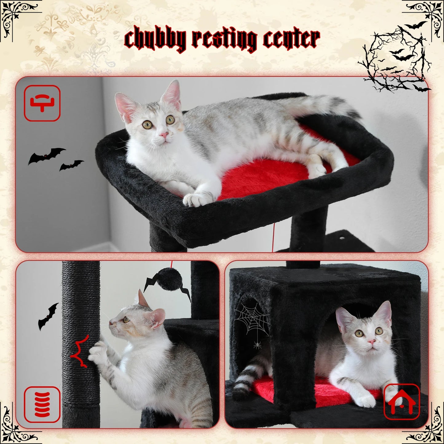 Gothic Cat Tree for Indoor Cats, Tall Cat Tower with Super Large Hammock, Sisal Covered Scratching Post ,Cozy Condo ,Top Perch