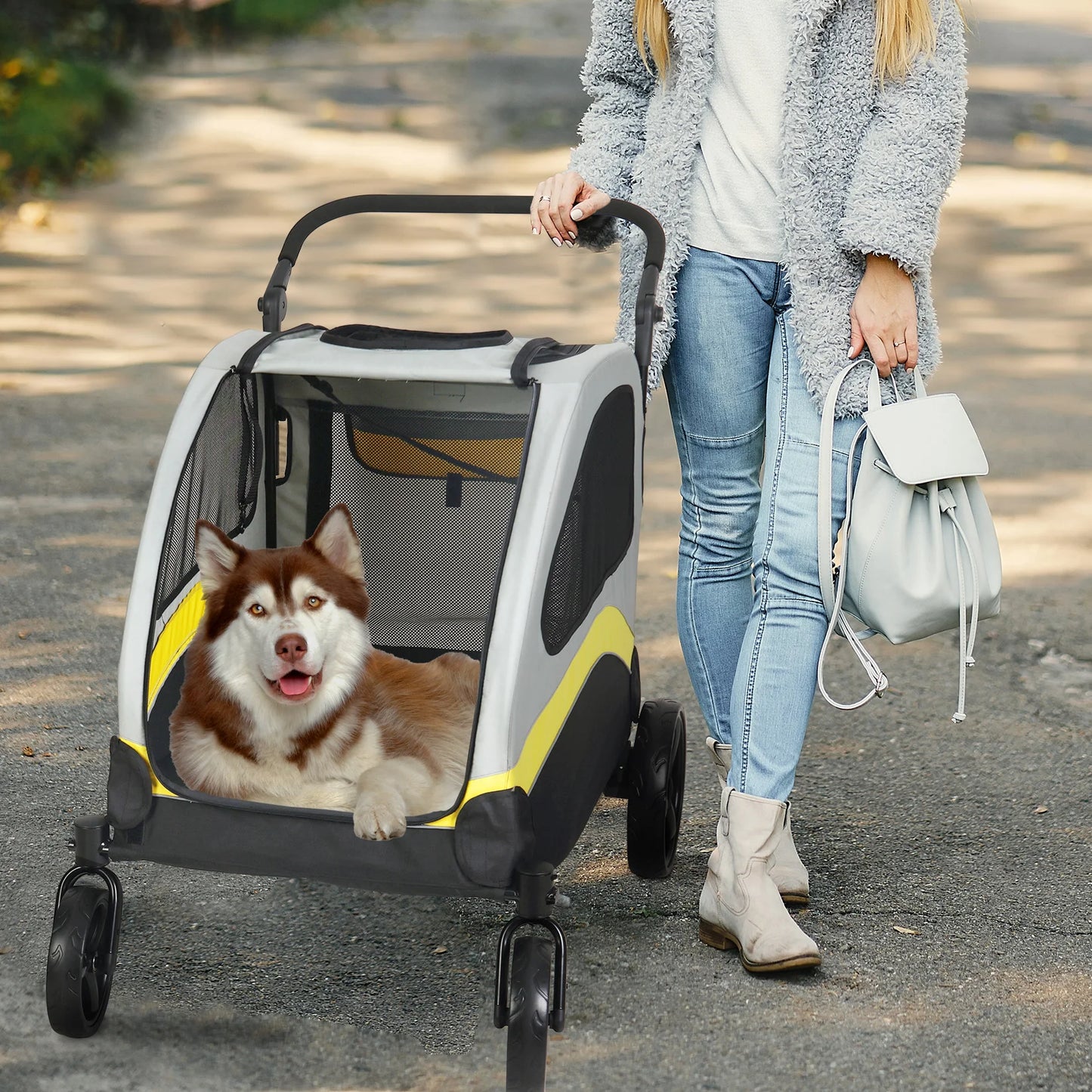 Premium Dog Stroller Pram 4 Wheel Foldable Cart, Pet Jogger Wagon for Small, Medium or Large Dogs