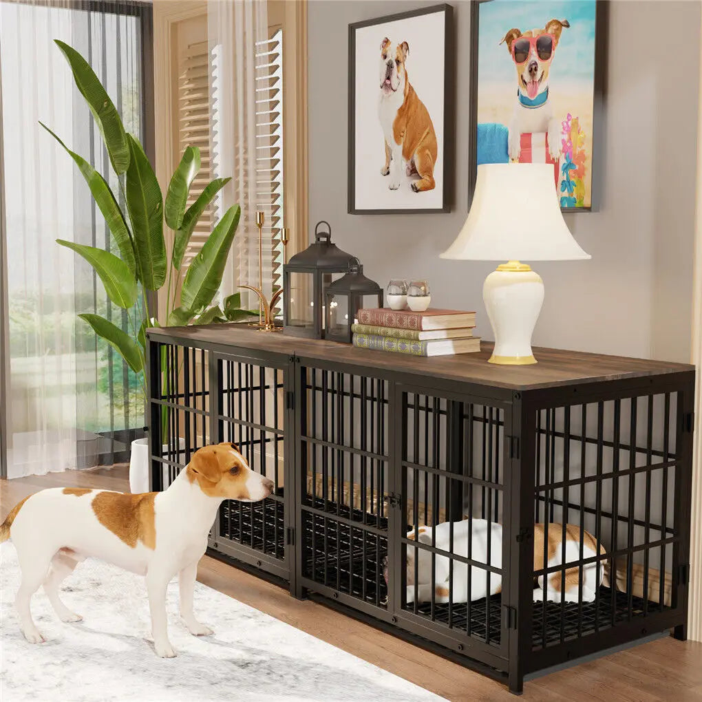 Heavy Duty Dog Kennels, Metal and Wooden Dog Crate End Table, Furniture Style Pet Cage with Three Doors and Removable Tray