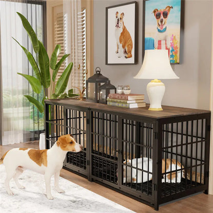 Heavy Duty Dog Kennels, Metal and Wooden Dog Crate End Table, Furniture Style Pet Cage with Three Doors and Removable Tray