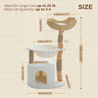 Modern Cat Tree Tower with Natural Solid Wood Scratching Posts Spacious Wicker Basket Luxury Cat Condo Bed for Indoor Cat Toys