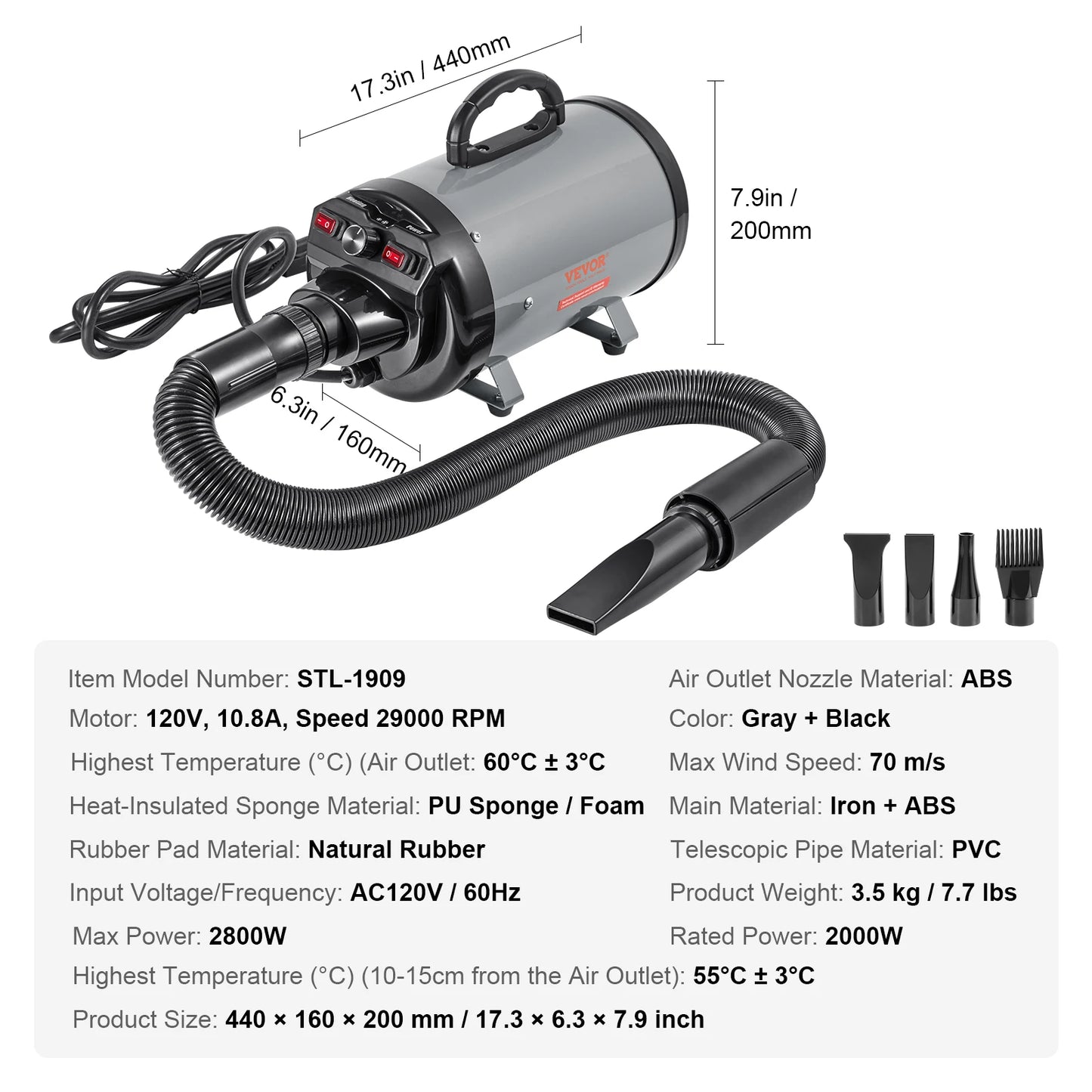 SucceBuy 2000W/2.7HP Dog Blow Dryer with Adjustable Speed and Temperature Control with 4 Nozzle and Extendable Hose for Pet Hair Grooming
