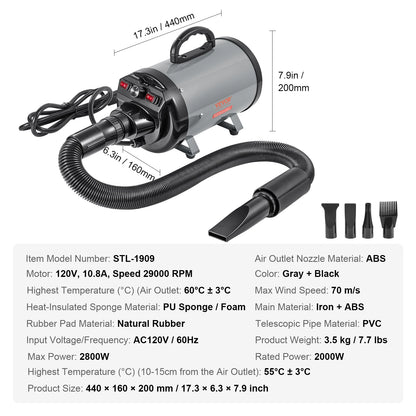 SucceBuy 2000W/2.7HP Dog Blow Dryer with Adjustable Speed and Temperature Control with 4 Nozzle and Extendable Hose for Pet Hair Grooming