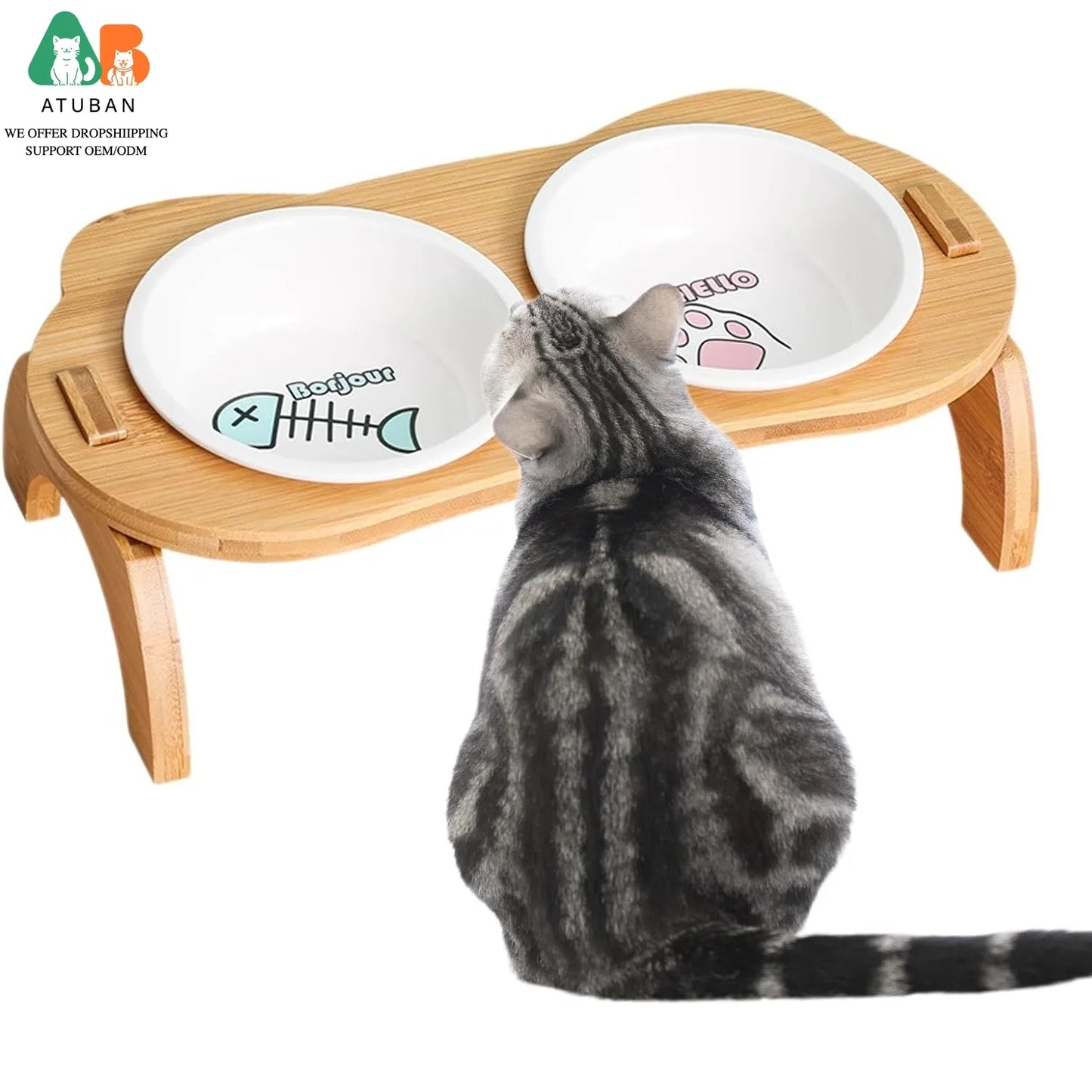 ATUBAN Cat Bowl with Stand,Smavles Cat Food Bowl Anti Vomiting Ceramic Cats Bowls With Stand, 15° Tilted Cats Water Bowl Set