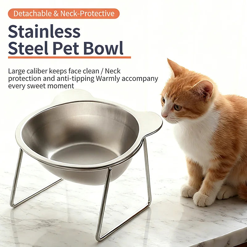 New 304 Stainless Steel Elevated Cat Bowl 15° Tilted Raised Design with Neck Guard, Healthy Feeding, Shatterproof for Cats