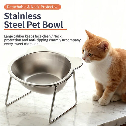 New 304 Stainless Steel Elevated Cat Bowl 15° Tilted Raised Design with Neck Guard, Healthy Feeding, Shatterproof for Cats