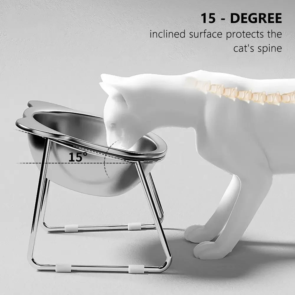New 304 Stainless Steel Elevated Cat Bowl 15° Tilted Raised Design with Neck Guard, Healthy Feeding, Shatterproof for Cats