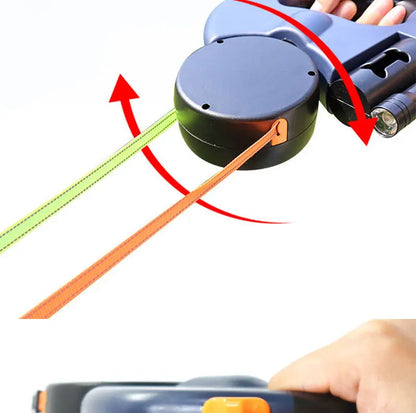 3in1  Reflective Double Head Automatic retractable Dog leash with Flashlight, Poop Bag Dispenser,