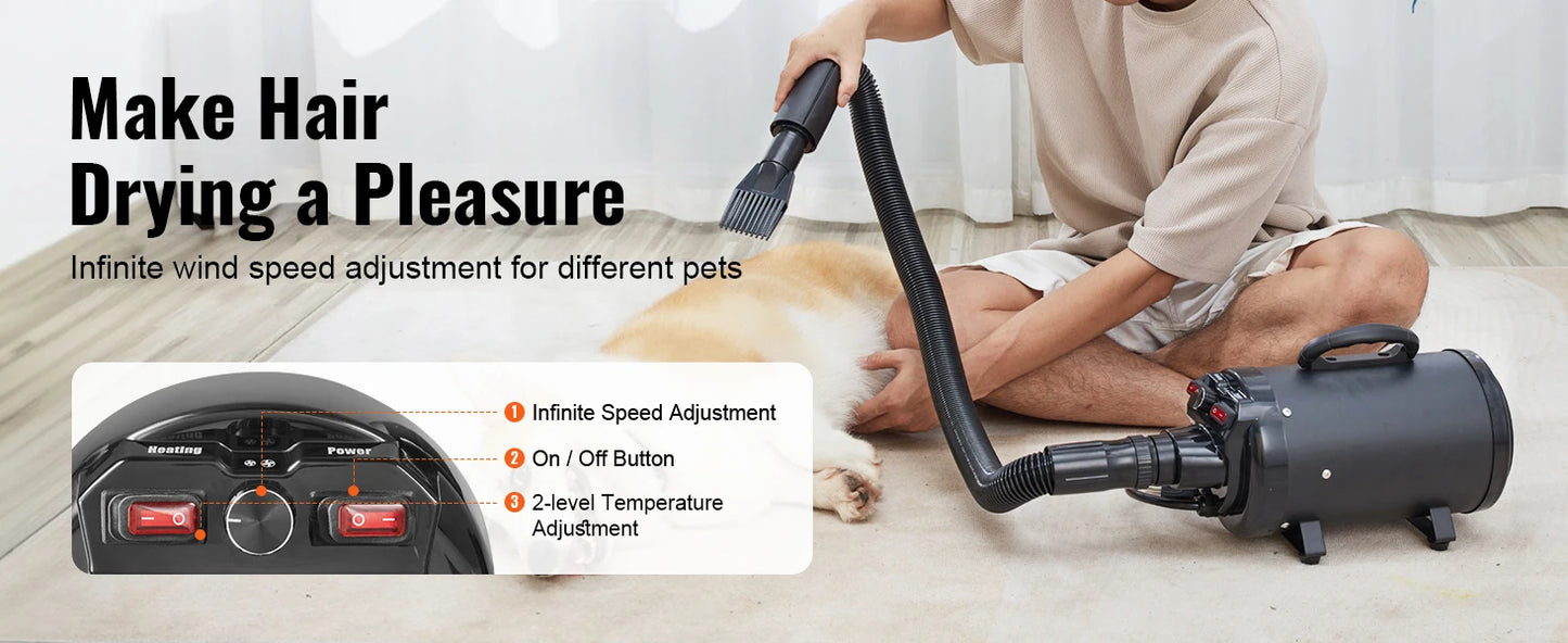 SucceBuy 2000W/2.7HP Dog Blow Dryer with Adjustable Speed and Temperature Control with 4 Nozzle and Extendable Hose for Pet Hair Grooming