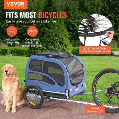 100lbs Pet Cart Bicycle Carrier Dog Bike Trailer with Coupler, Reflectors, Flag, Collapsible to Store for Dogs Travel