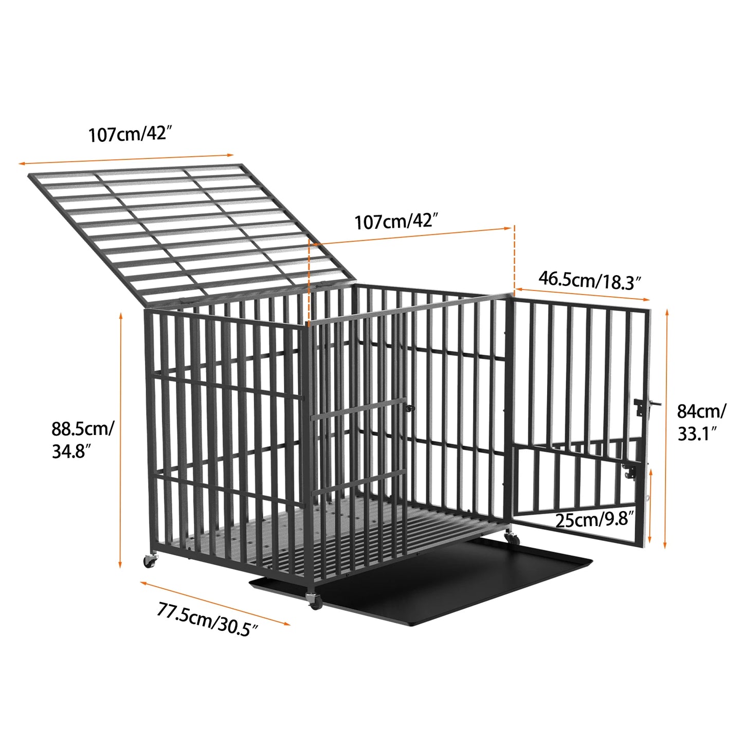 L XL XXL Heavy Duty Metal Dog Crate with 4 Lockable Wheels, 3 Doors and Removable Tray
