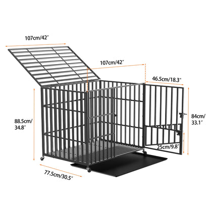 L XL XXL Heavy Duty Metal Dog Crate with 4 Lockable Wheels, 3 Doors and Removable Tray