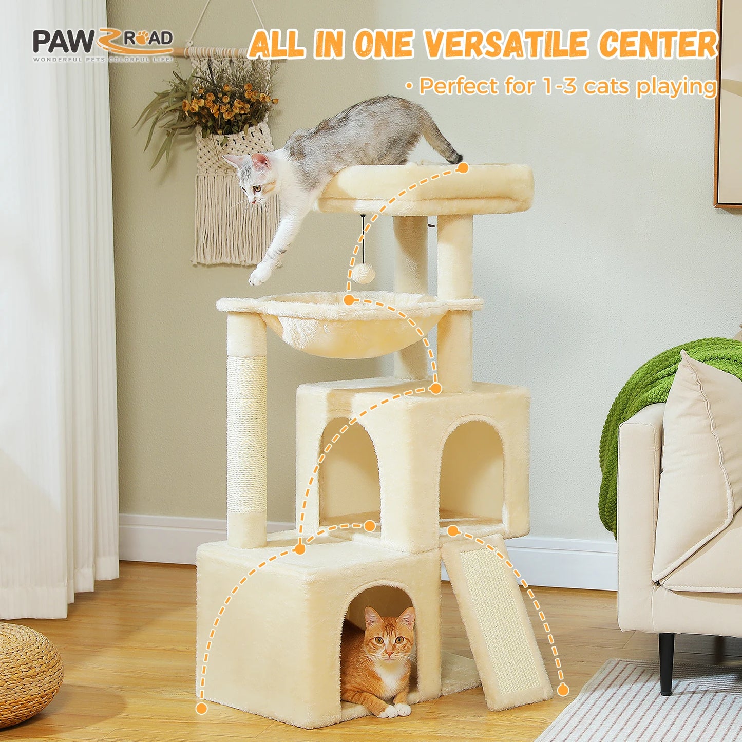 Large Cat Tree for Indoor Cats, Multi-Level Cat Tower with Sisal Scratching Post, 2 Spacious Condo, Cat Scratching Pad