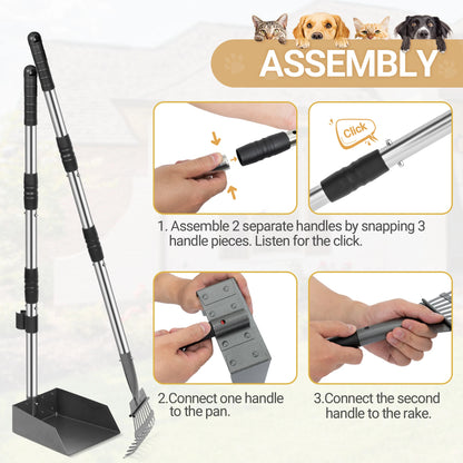 Dog Pooper Scooper, Tray and Rake Set, Pet Waste Removal Scoop with Long Adjustable Sectional Stainless Handles
