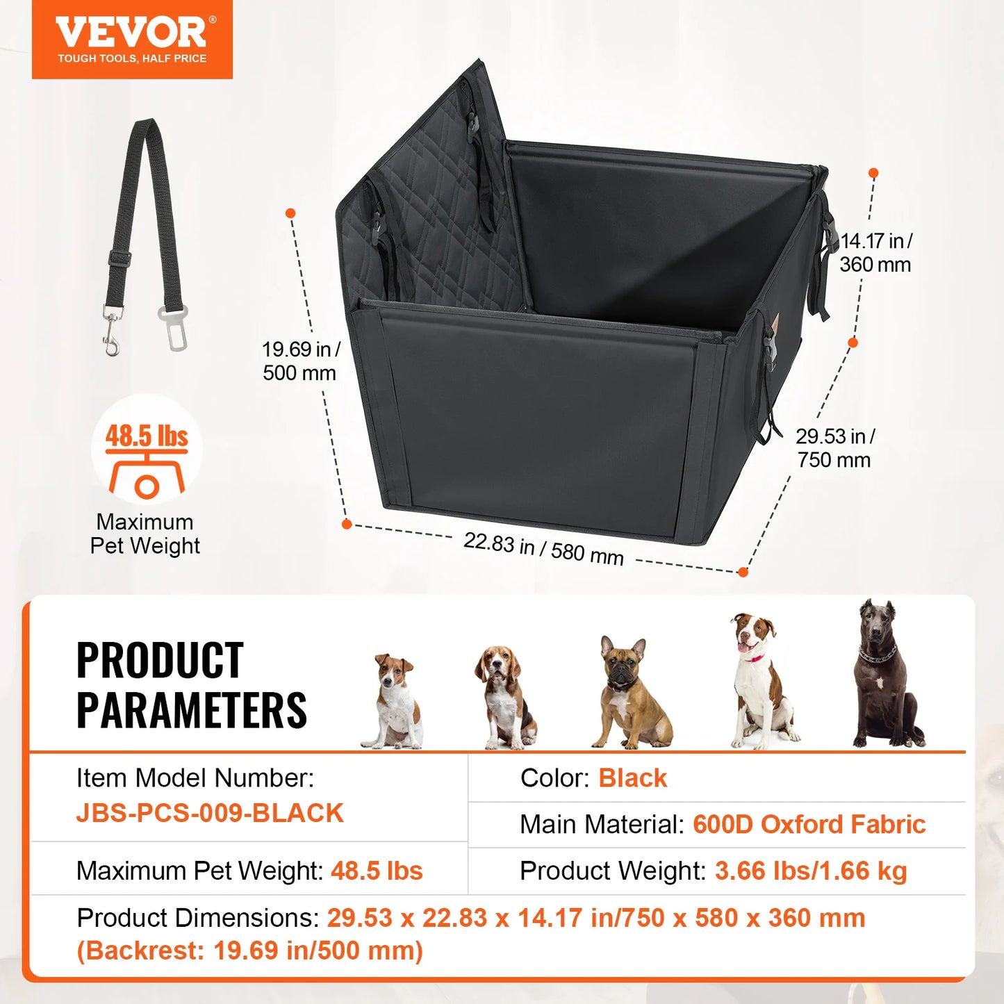Dog Car Seat Waterproof Dog Booster Seat, Pet Car Seat with Clip-On Safety Leash, Car Bed for Medium or Large Dog