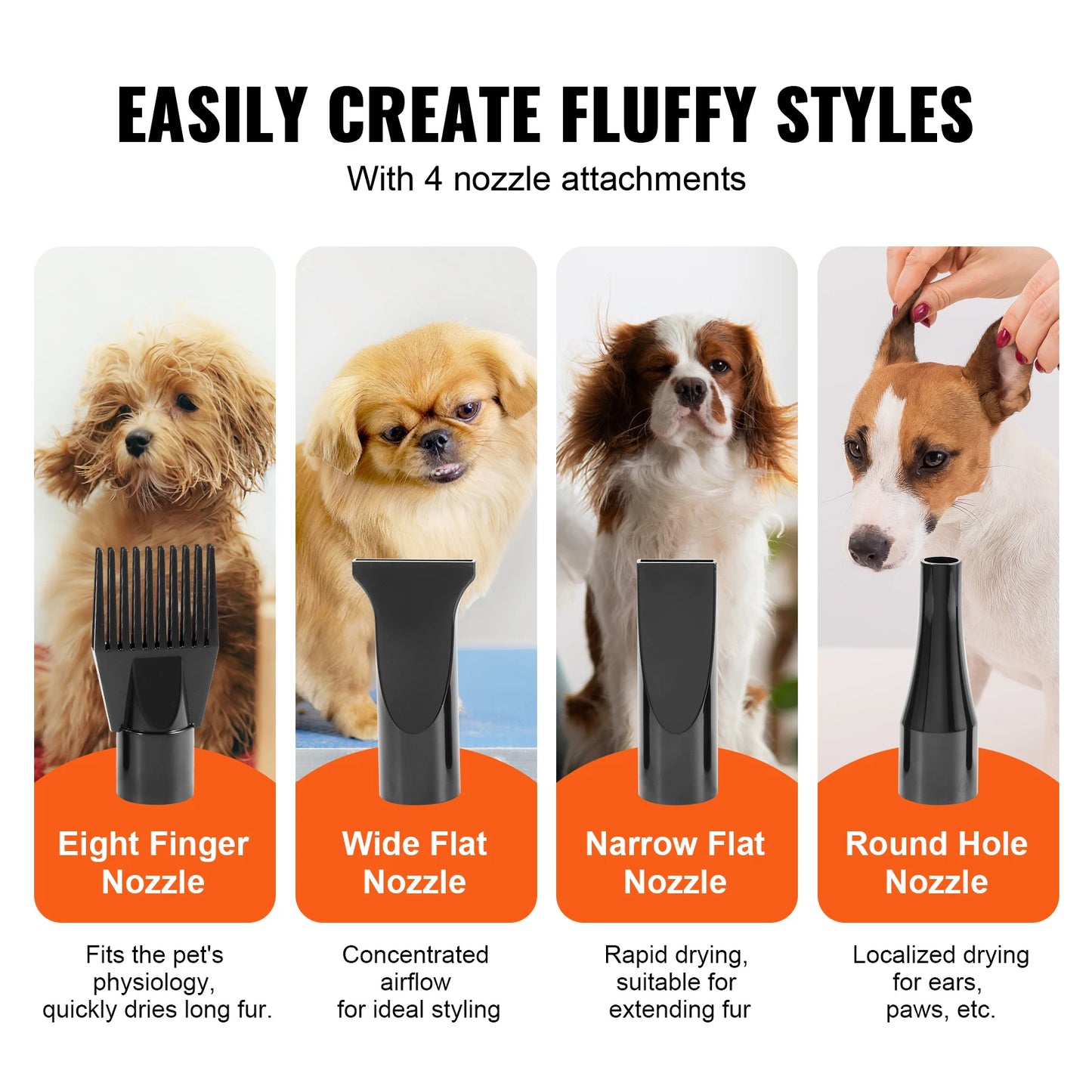 SucceBuy 2000W/2.7HP Dog Blow Dryer with Adjustable Speed and Temperature Control with 4 Nozzle and Extendable Hose for Pet Hair Grooming