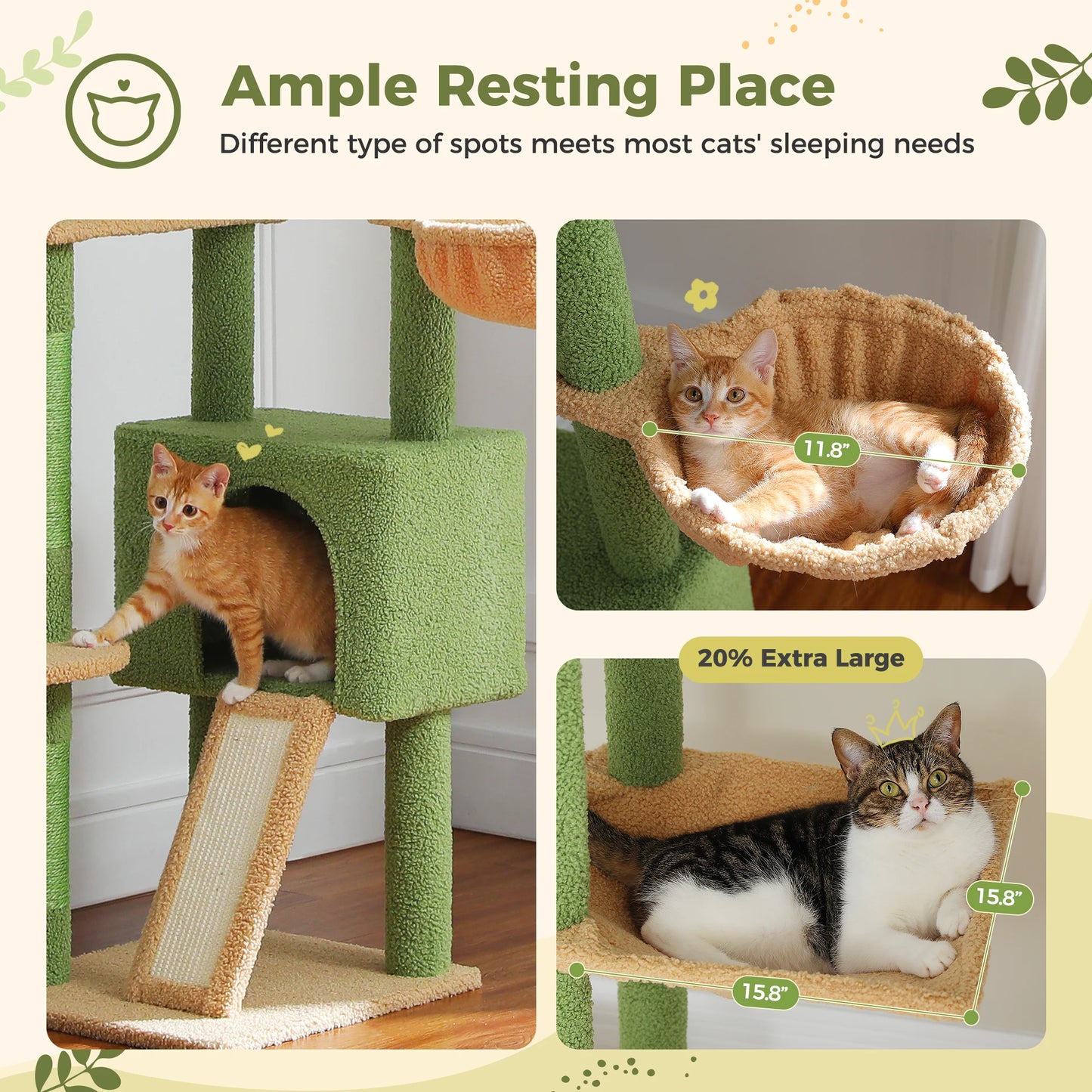 Cactus Cat Tree Tower,  Floor to Ceiling Cat Tower ,Adjustable Height with Cat Condo, Cozy Hammock and Scratching Post