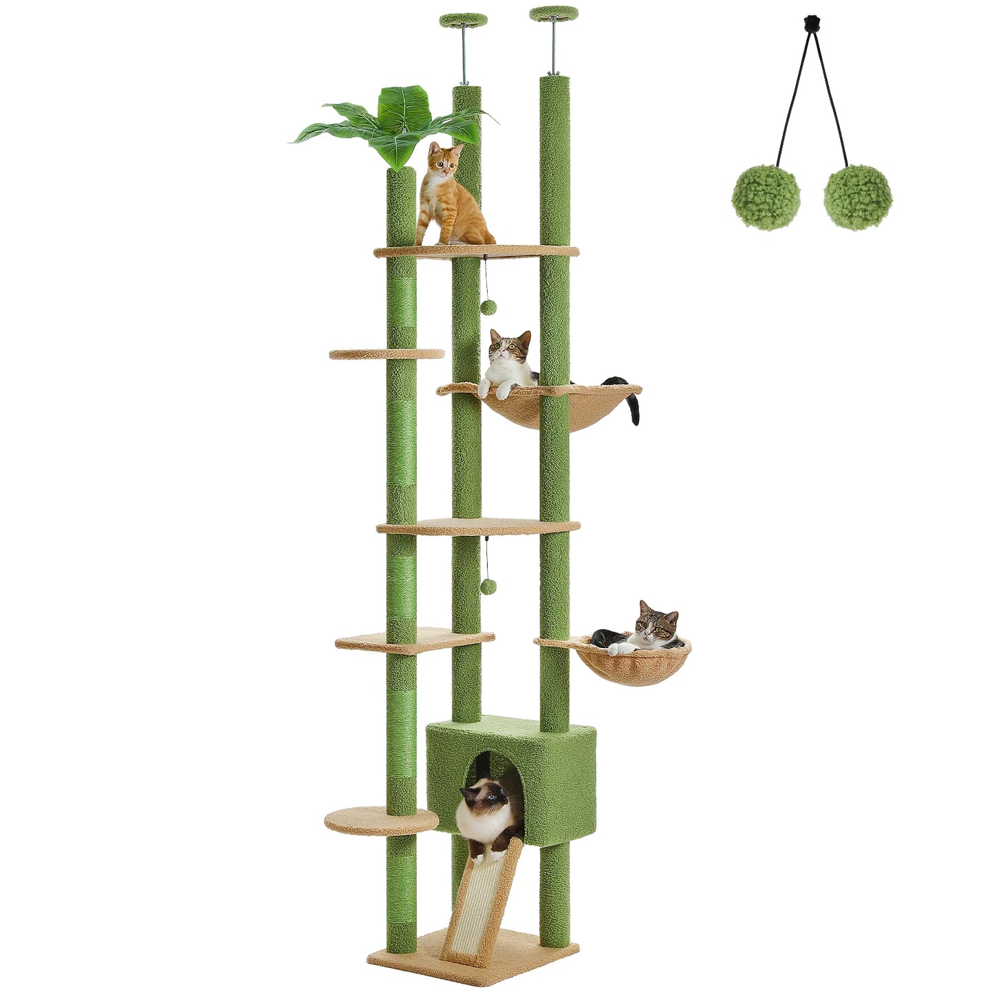 Cactus Cat Tree Tower,  Floor to Ceiling Cat Tower ,Adjustable Height with Cat Condo, Cozy Hammock and Scratching Post