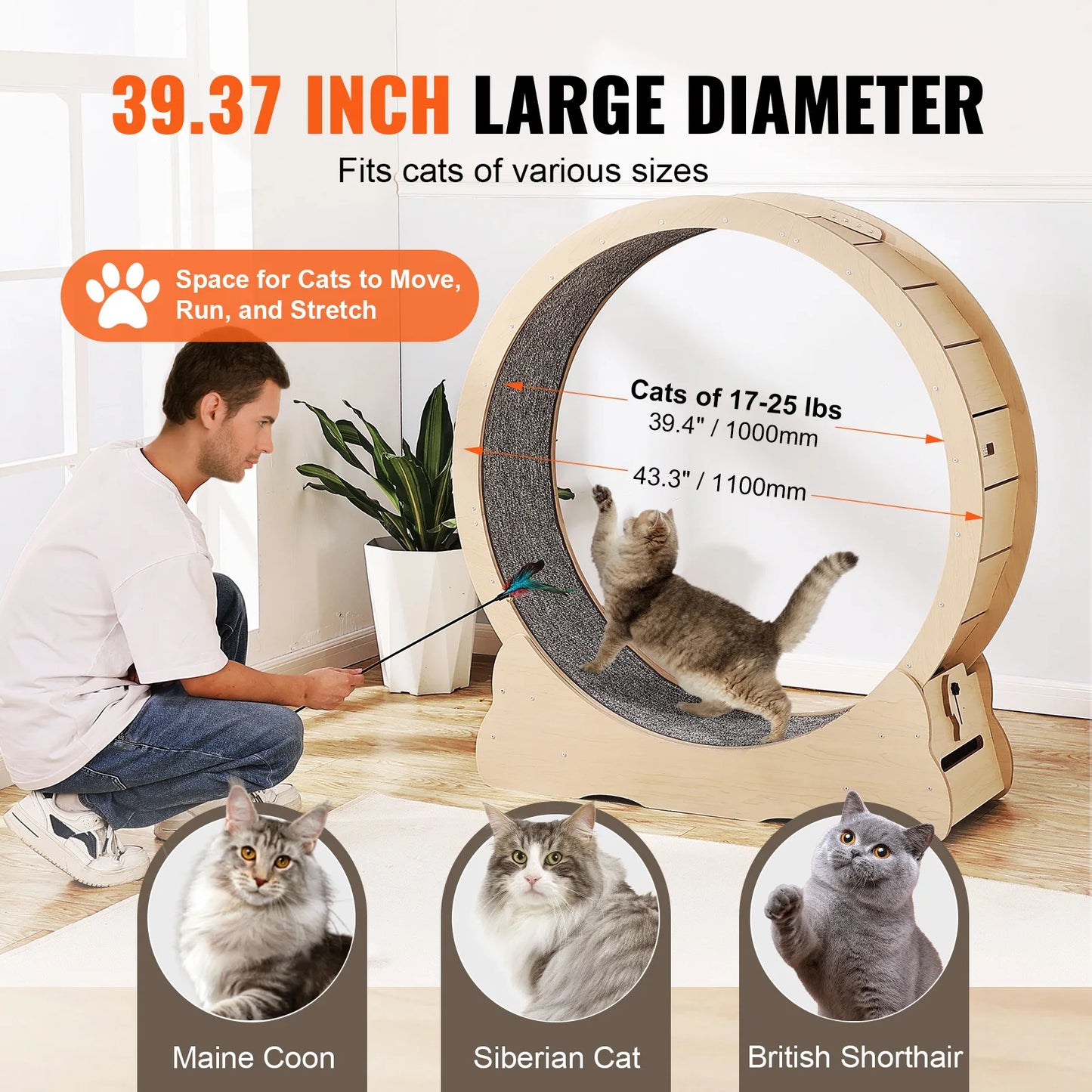 SucceBuy Wooden Cat Exercise Wheel, Treadmill Wheel for Indoor Cat, Running Wheel with Detachable Carpet& Cat Teaser