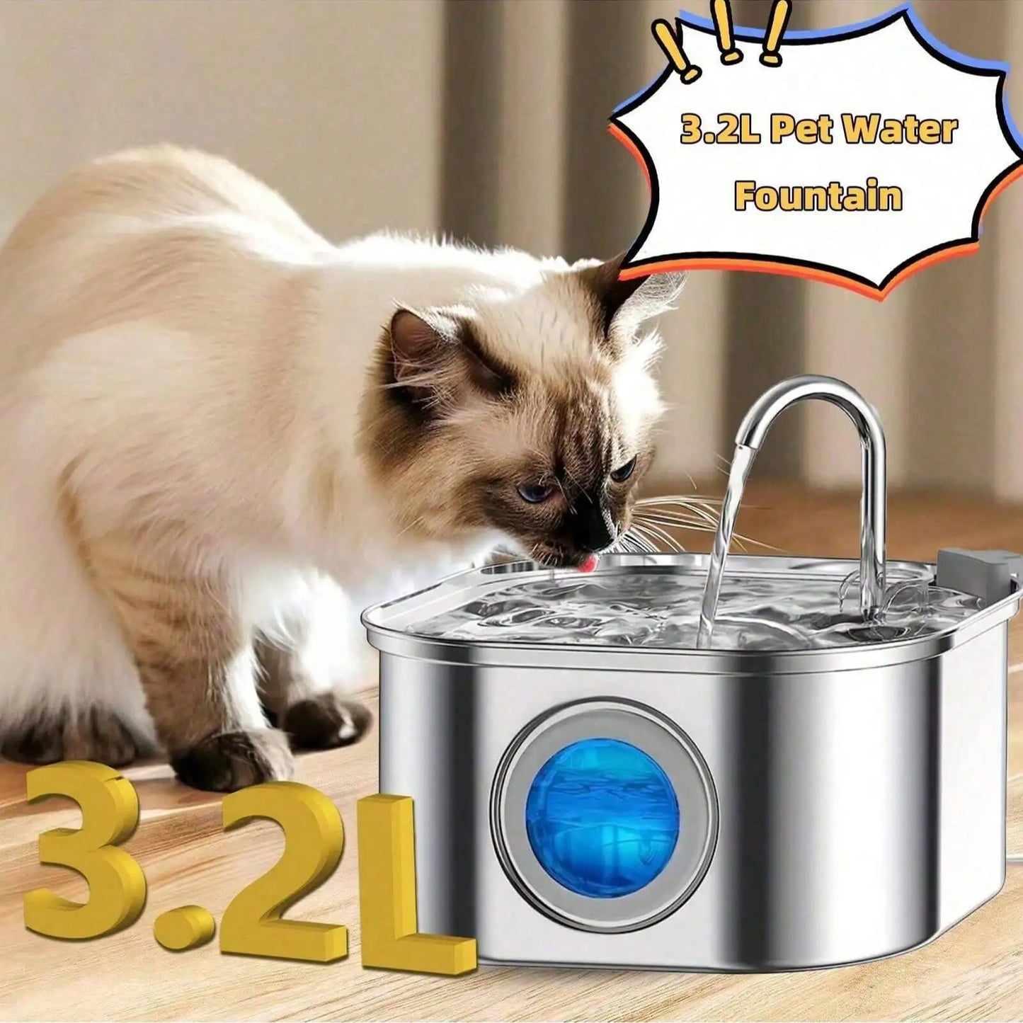 1pc 108.2oz Stainless Steel Quiet Cat and  Dog Water Fountain USB-Powered