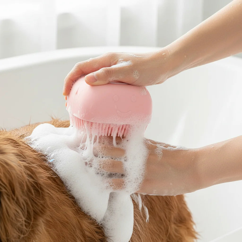 Pet Massage Brush Shampoo Dispenser Soft Silicone Brush Rubber Bristle for Dogs and Cats Shower Grooming Tool