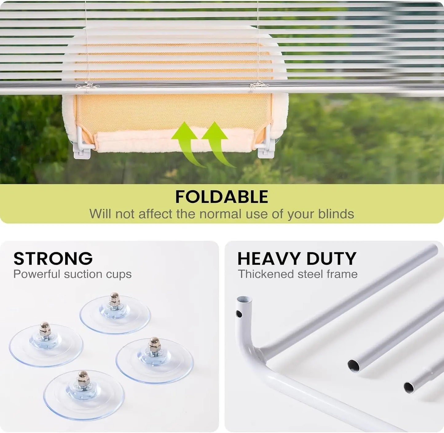 Foldable Cat Window Perch with 4 Strong Suction Cups, Cordless Cat Window Hammock Removable Soft Cover White Brown Green