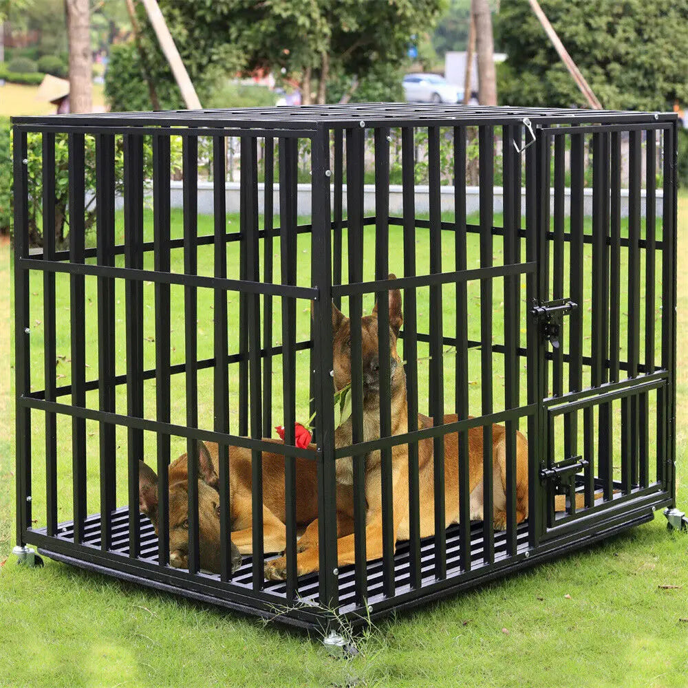 L XL XXL Heavy Duty Metal Dog Crate with 4 Lockable Wheels, 3 Doors and Removable Tray