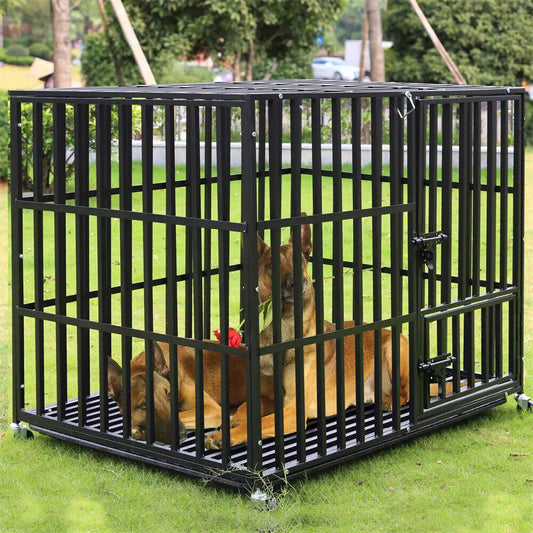L XL XXL Heavy Duty Metal Dog Crate with 4 Lockable Wheels, 3 Doors and Removable Tray